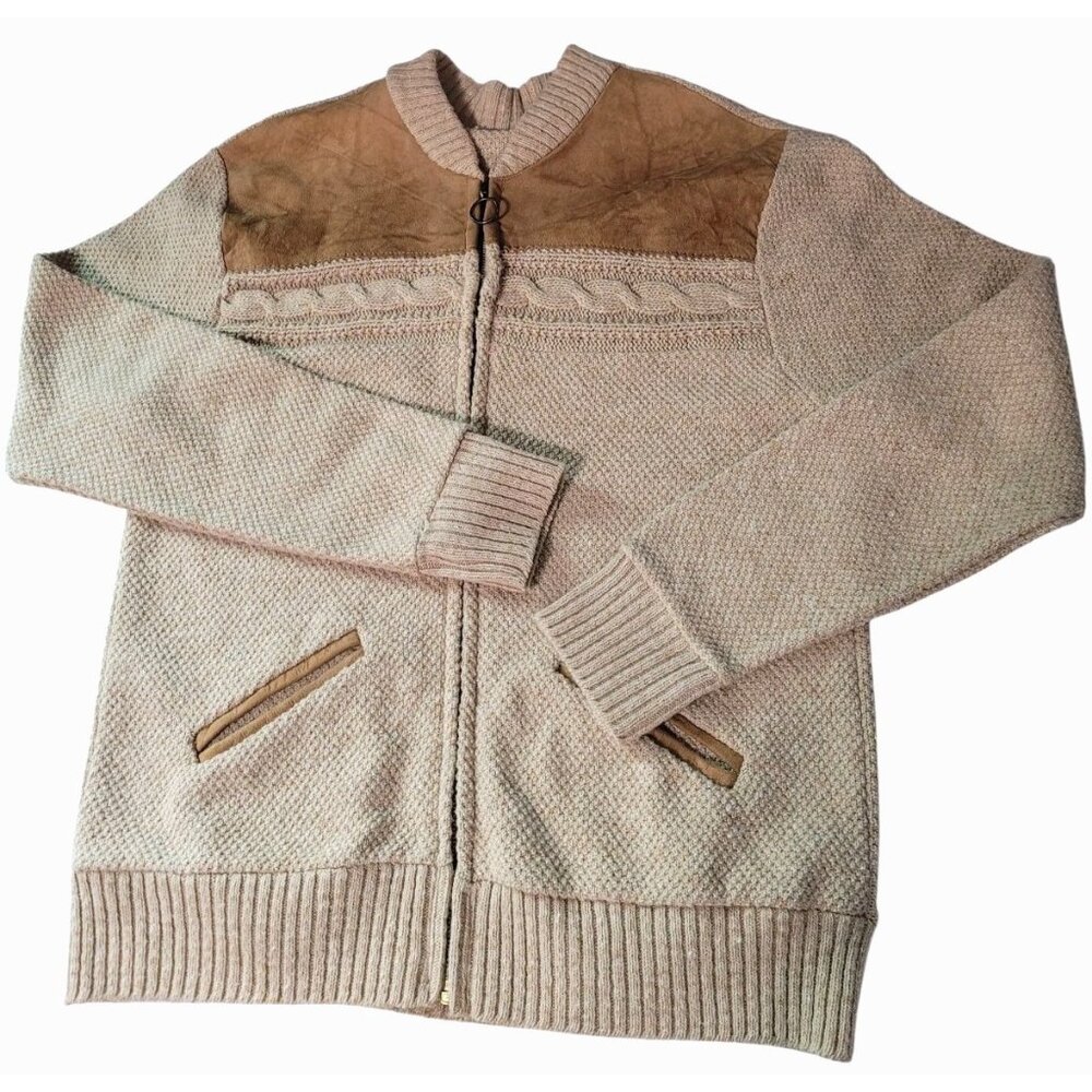 Vintage 1960's Cardigan Mens S/M Full Zip Cardigan Pockets Suede Yoke Tan‎ Brown